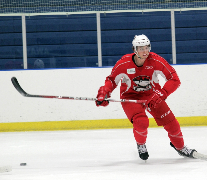 Brodry Sutter, who served as the captain of the Hurricanes at the Traverse City tournament, participates in a drill at Charlotte Checkers training camp. (Photo - J. Propst)